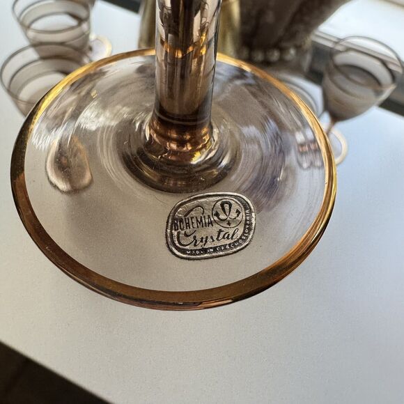 7 Pc. Vtg Bohemian Crystal Frost Amber Glass Gold Embossed Decanter Set Stemware - Picture 6 of 15